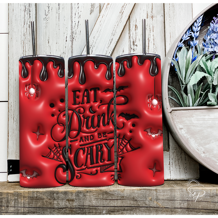 Eat Drink and be Scary - Red and Black Full Wrap SKINNY TUMBLER Sublimation Transfer