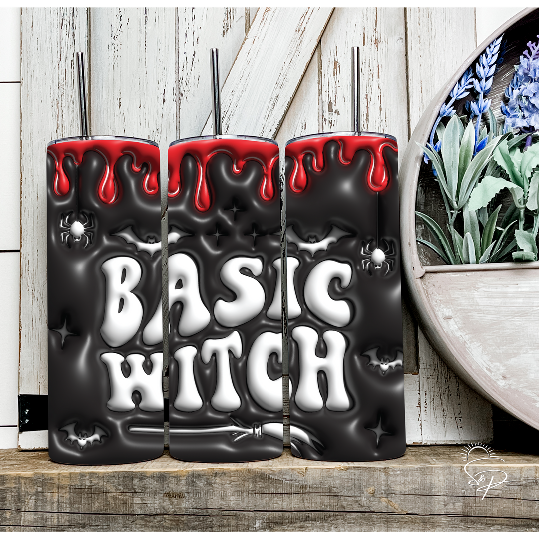 Basic Witch - Black, White and Red Full Wrap SKINNY TUMBLER Sublimation Transfer
