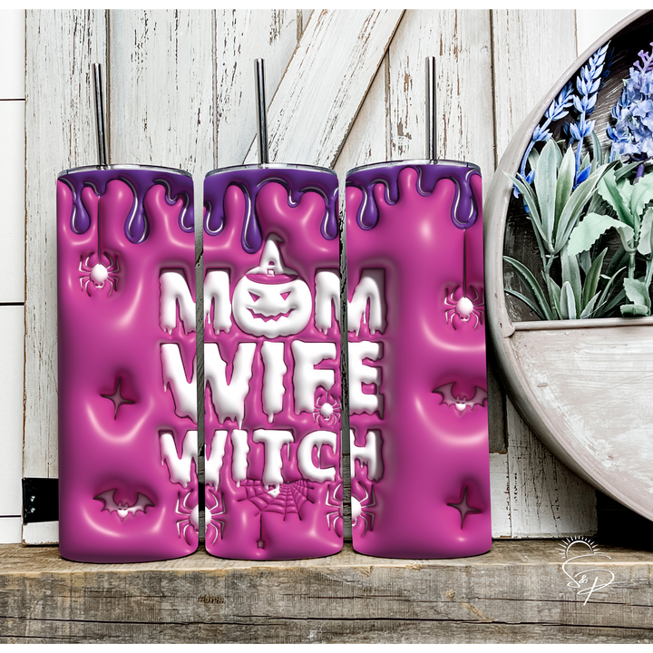 Mom Wife Witch - Pink and Black Full Wrap SKINNY TUMBLER Sublimation Transfer