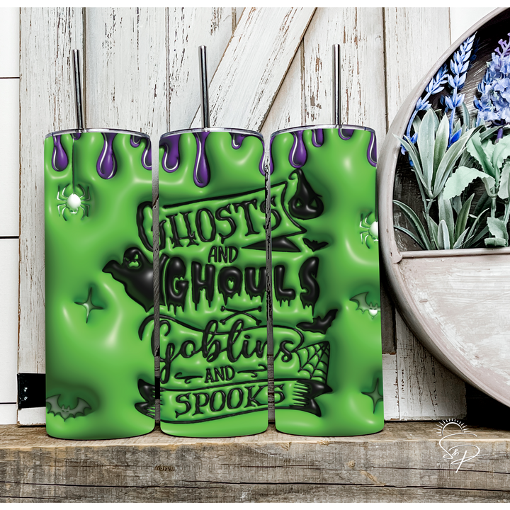 Ghosts and Ghouls Gobblins and Spooks - Green and Purple Full Wrap SKINNY TUMBLER Sublimation Transfer - TEMPLATE