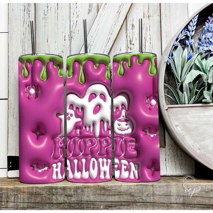 Hippie Halloween - Pink and Green Full Wrap SKINNY TUMBLER Sublimation Transfer