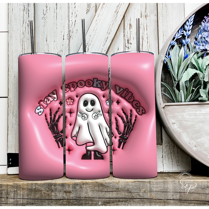 Stay Spooky Vibes - Pink Full Wrap SKINNY TUMBLER Sublimation Transfer