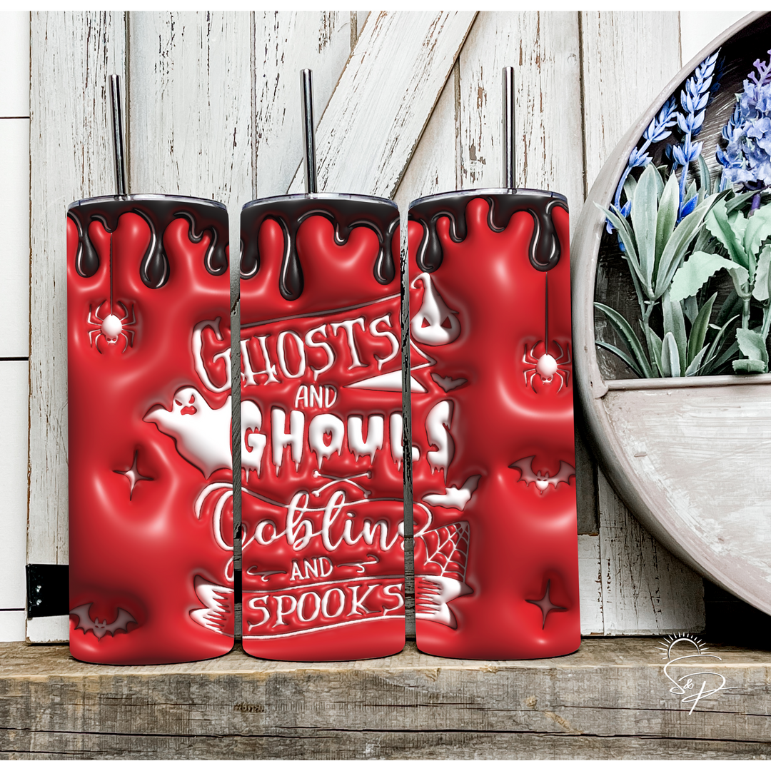 Ghosts and Ghouls Goblins and Spooks - Red and Black Full Wrap SKINNY TUMBLER Sublimation Transfer