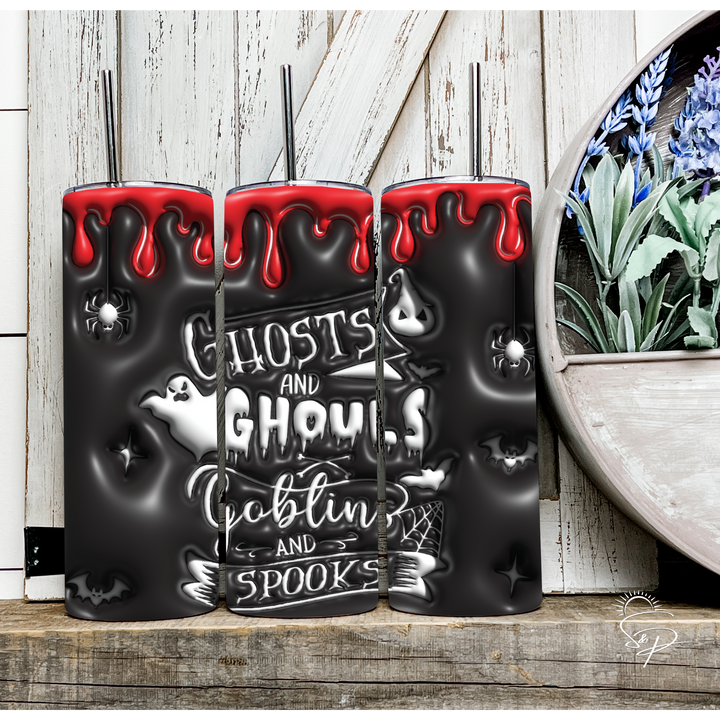 Ghosts and Ghouls Goblins and Spooks - Black and Red Full Wrap SKINNY TUMBLER Sublimation Transfer