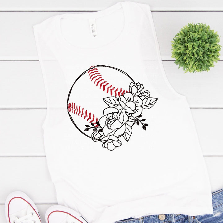Baseball with red stitching and floral accents (Sublimation -OR- DTF/Digi Print) - Sunshine And Pixels