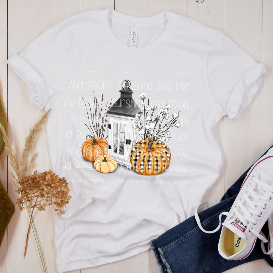 Farmhouse Lantern with White Lace, Black Plaid Pumpkin (Sublimation -OR- DTF/Digi Print) - Sunshine And Pixels