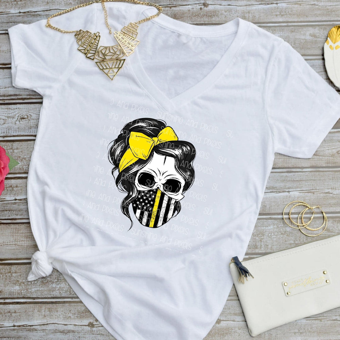 Skull with messy bun and dispatch mask (Sublimation -OR- DTF/Digi Print) -