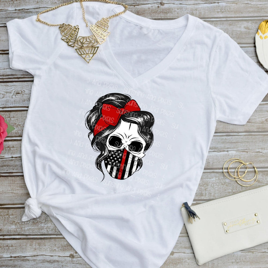 Skull with messy bun and Firefighter flag mask (Sublimation -OR- DTF/Digi Print)