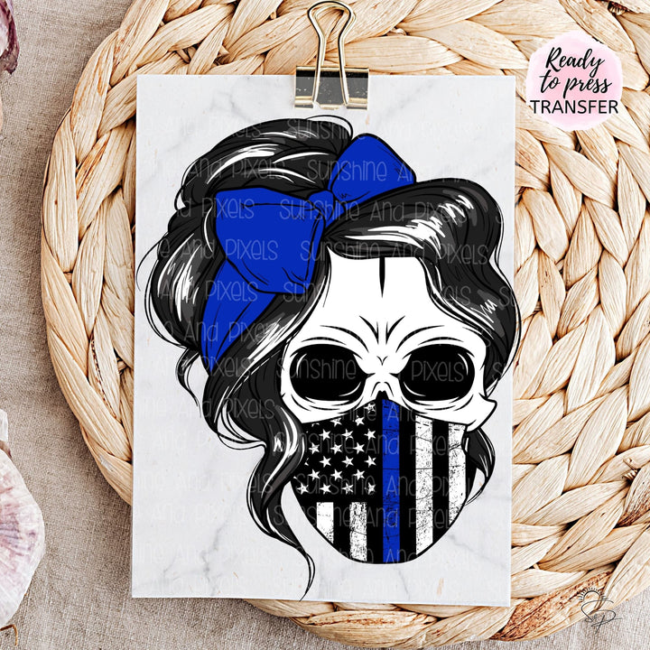 Skull with messy bun and police flag mask (Sublimation -OR- DTF/Digi Print) -