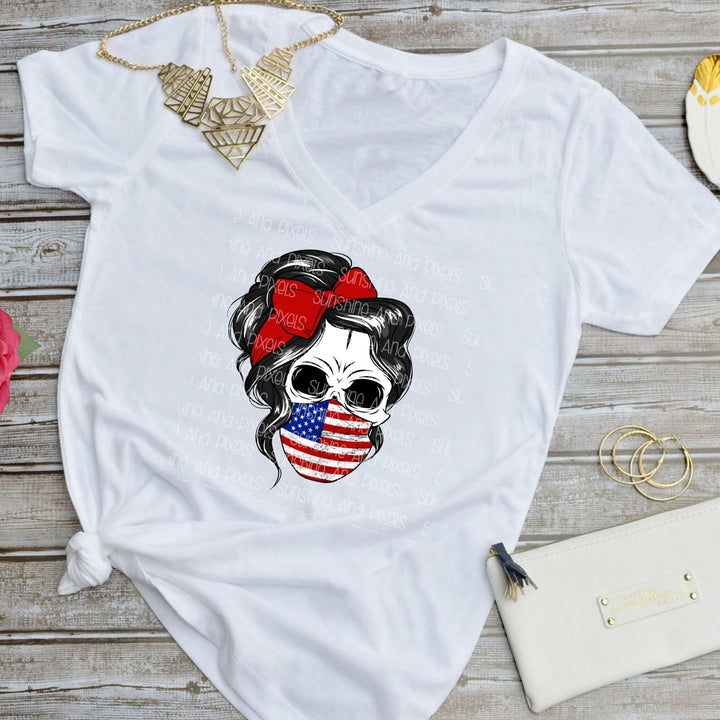 Skull with messy bun and United States of America flag mask (Sublimation -OR-