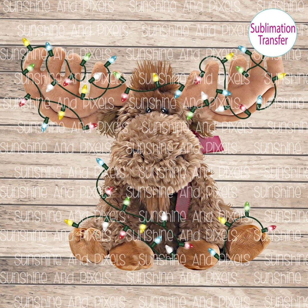 Soft fluffy plush Christmas moose with string of Christmas lights (Sublimation