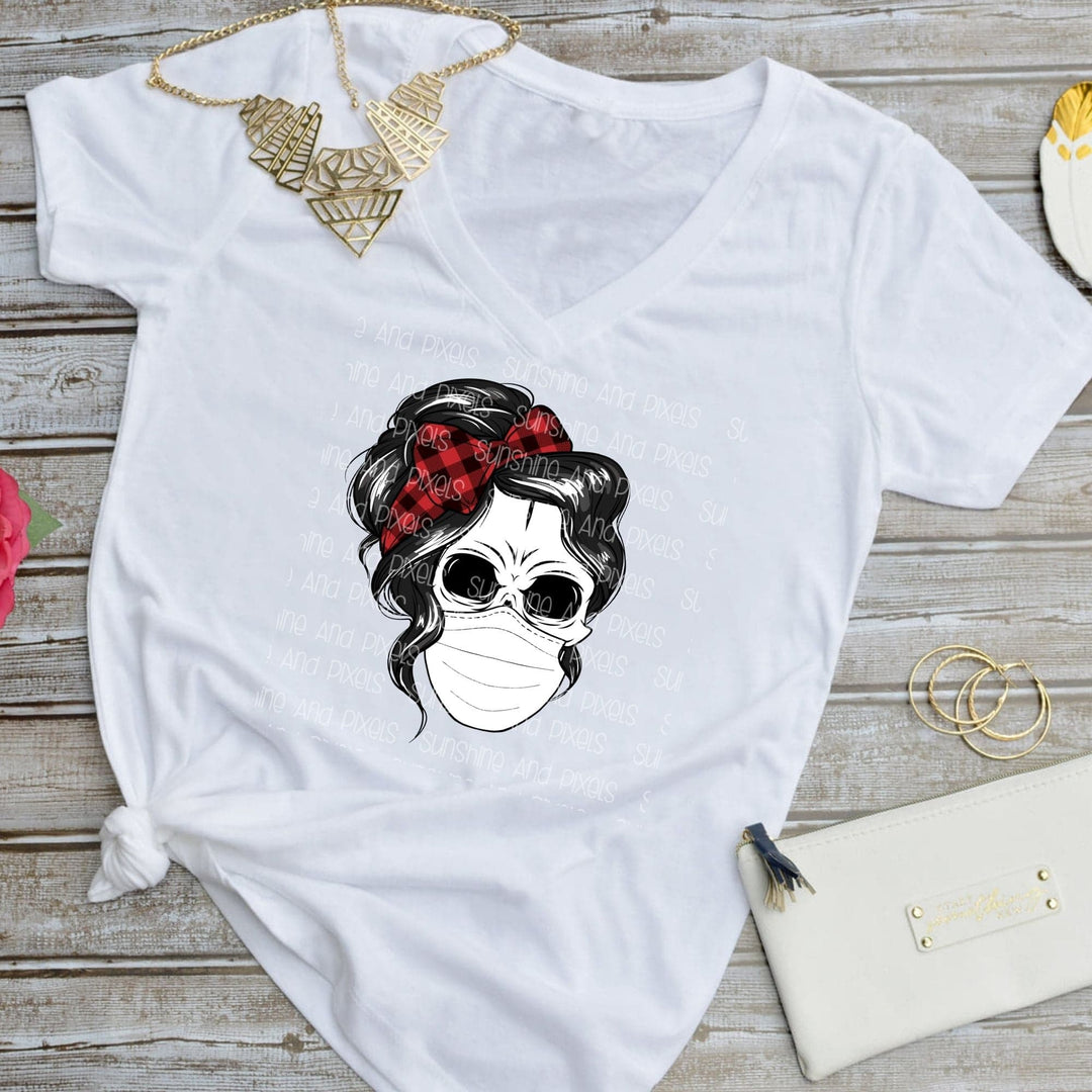 Skull with messy bun and White mask and plaid headband   (Sublimation -OR- DTF Print)